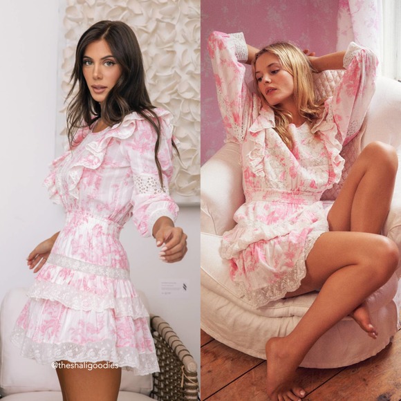 LOVESHACKFANCY Santorini Dress Floral Lace Ruffle Pink White - Picture 4 of 10